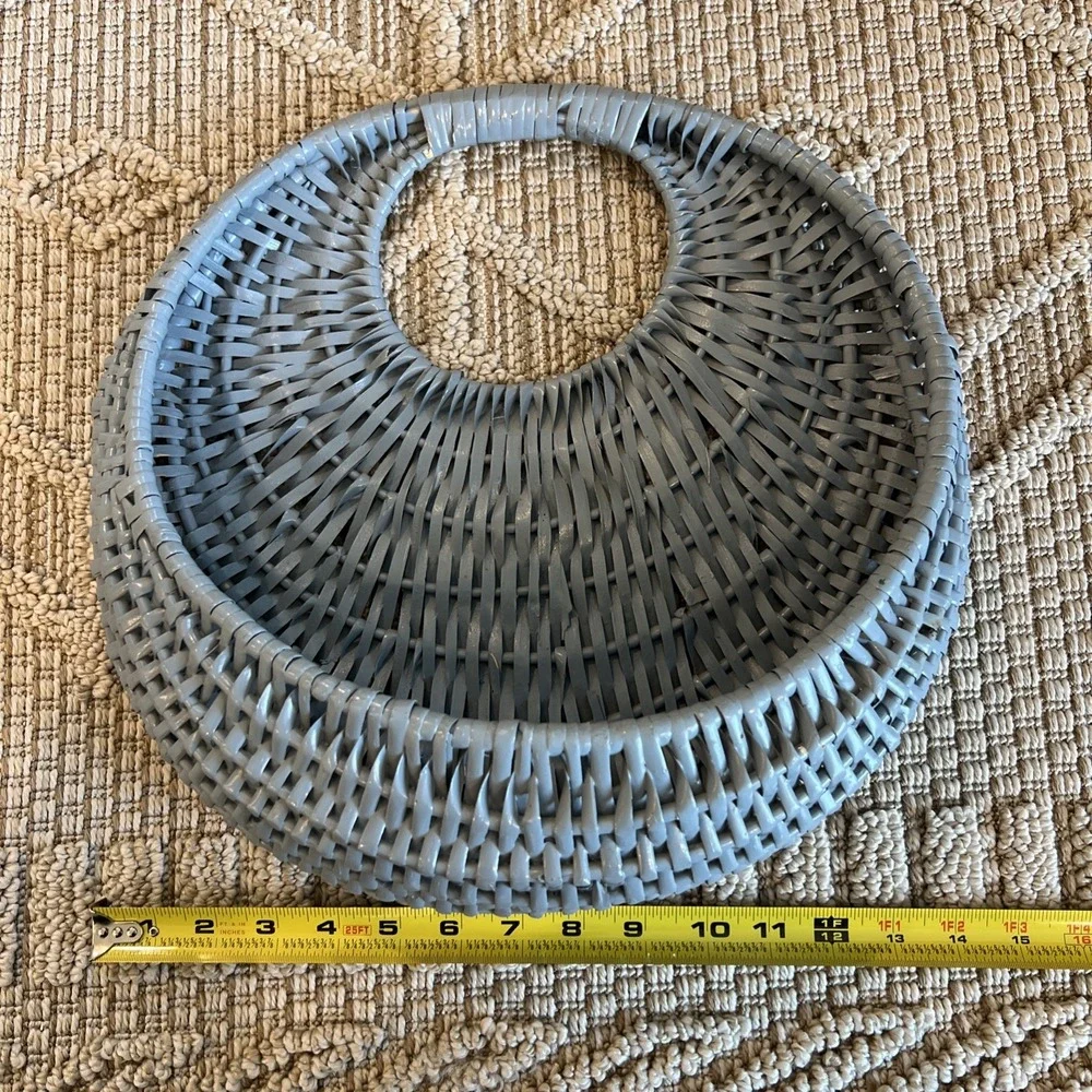 Woven Wicker Pocket Basket Blue Grayish Half Moon Design Vintage Painted